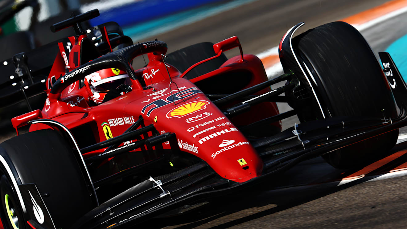 MIAMI, FLORIDA - MAY 08: Charles Leclerc of Monaco driving (16) the Ferrari F1-75 on track during the F1 Grand Prix of Miami at the Miami International Autodrome on May 08, 2022 in Miami, Florida. (Photo by Mark Thompson/Getty Images)