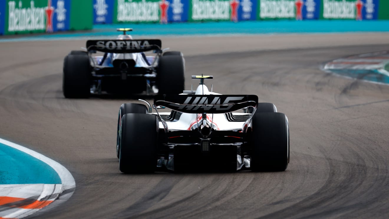 MIAMI, FLORIDA - MAY 08: Mick Schumacher of Germany driving the (47) Haas F1 VF-22 Ferrari follows Nicholas Latifi of Canada driving the (6) Williams FW44 Mercedes during the F1 Grand Prix of Miami at the Miami International Autodrome on May 08, 2022 in Miami, Florida. (Photo by Jared C. Tilton/Getty Images)