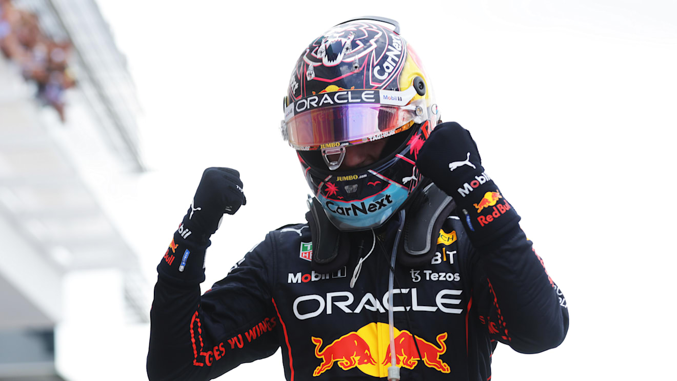 MIAMI, FLORIDA - MAY 08: Race winner Max Verstappen of the Netherlands and Oracle Red Bull Racing celebrates in parc ferme during the F1 Grand Prix of Miami at the Miami International Autodrome on May 08, 2022 in Miami, Florida. (Photo by Mark Thompson/Getty Images)