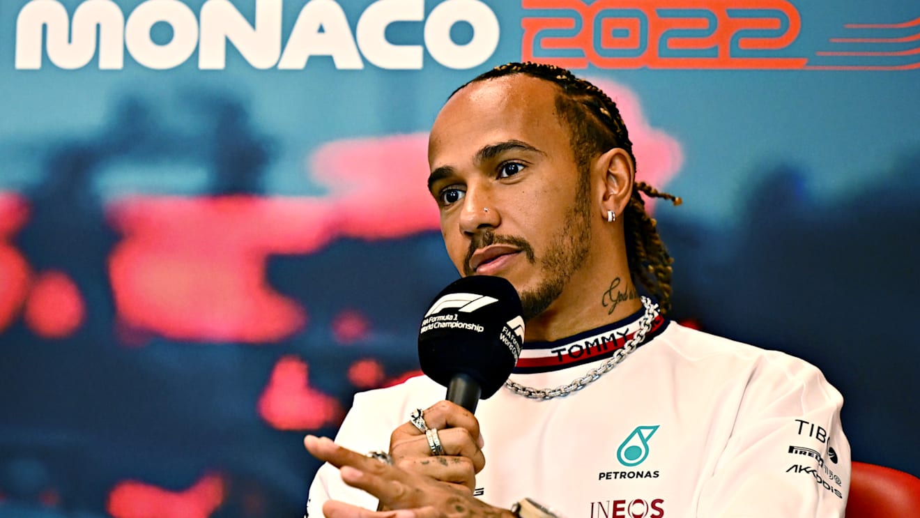 MONTE-CARLO, MONACO - MAY 27: Lewis Hamilton of Great Britain and Mercedes talks in the Drivers Press Conference prior to practice ahead of the F1 Grand Prix of Monaco at Circuit de Monaco on May 27, 2022 in Monte-Carlo, Monaco. (Photo by Clive Mason/Getty Images)