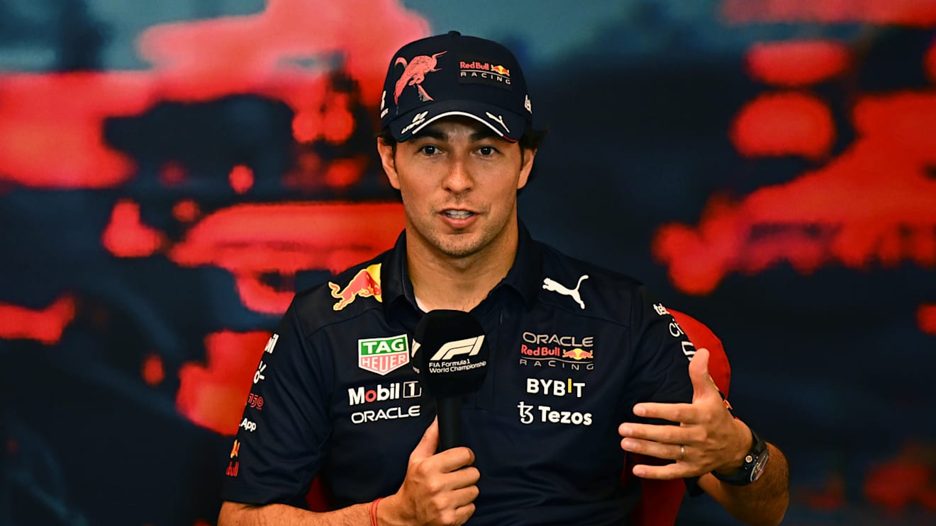 MONTE-CARLO, MONACO - MAY 27: Sergio Perez of Mexico and Oracle Red Bull Racing talks in the Drivers Press Conference prior to practice ahead of the F1 Grand Prix of Monaco at Circuit de Monaco on May 27, 2022 in Monte-Carlo, Monaco. (Photo by Clive Mason/Getty Images)