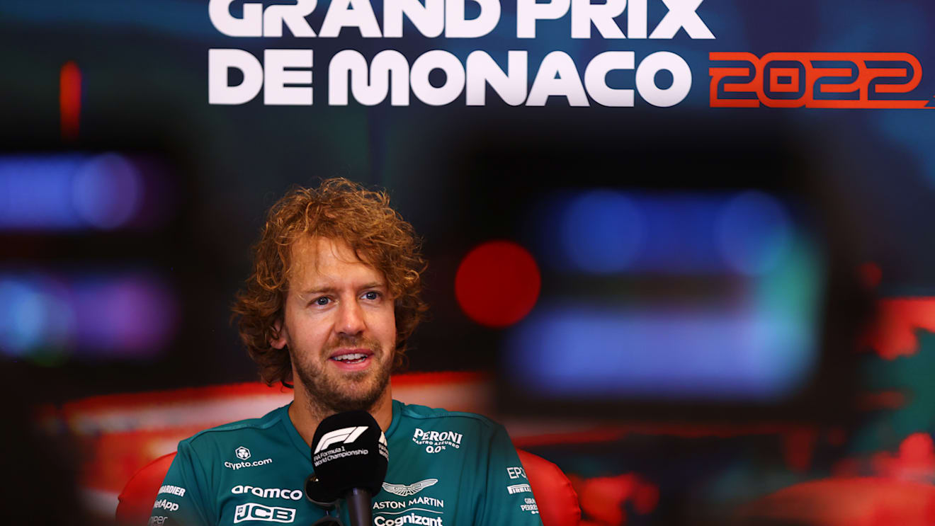 MONTE-CARLO, MONACO - MAY 27: Sebastian Vettel of Germany and Aston Martin F1 Team talks in the Drivers Press Conference prior to practice ahead of the F1 Grand Prix of Monaco at Circuit de Monaco on May 27, 2022 in Monte-Carlo, Monaco. (Photo by Dan Istitene/Getty Images)