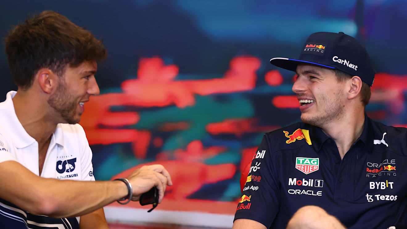 MONTE-CARLO, MONACO - MAY 27: Max Verstappen of the Netherlands and Oracle Red Bull Racing and Pierre Gasly of France and Scuderia AlphaTauri talk in the Drivers Press Conference prior to practice ahead of the F1 Grand Prix of Monaco at Circuit de Monaco on May 27, 2022 in Monte-Carlo, Monaco. (Photo by Dan Istitene/Getty Images)