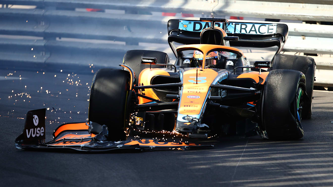 MONTE-CARLO, MONACO - MAY 27: Daniel Ricciardo of Australia driving the (3) McLaren MCL36 Mercedes crashes during practice ahead of the F1 Grand Prix of Monaco at Circuit de Monaco on May 27, 2022 in Monte-Carlo, Monaco. (Photo by Joe Portlock - Formula 1/Formula 1 via Getty Images)