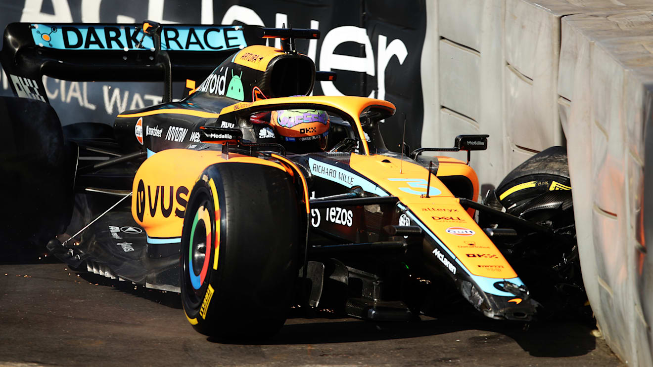 MONTE-CARLO, MONACO - MAY 27: Daniel Ricciardo of Australia driving the (3) McLaren MCL36 Mercedes crashes during practice ahead of the F1 Grand Prix of Monaco at Circuit de Monaco on May 27, 2022 in Monte-Carlo, Monaco. (Photo by Joe Portlock - Formula 1/Formula 1 via Getty Images)