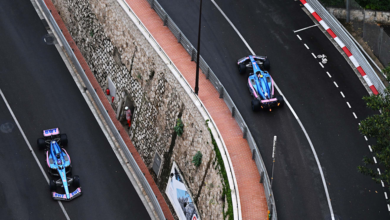 MONTE-CARLO, MONACO - MAY 29: Fernando Alonso of Spain driving the (14) Alpine F1 A522 Renault and Esteban Ocon of France driving the (31) Alpine F1 A522 Renault during the F1 Grand Prix of Monaco at Circuit de Monaco on May 29, 2022 in Monte-Carlo, Monaco. (Photo by Clive Mason - Formula 1/Formula 1 via Getty Images)