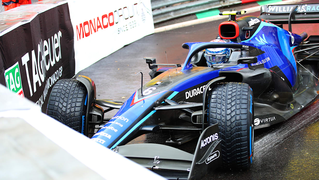MONTE-CARLO, MONACO - MAY 29: Nicholas Latifi of Canada driving the (6) Williams FW44 Mercedes collides with the track barrier on the formation lap during the F1 Grand Prix of Monaco at Circuit de Monaco on May 29, 2022 in Monte-Carlo, Monaco. (Photo by Eric Alonso/Getty Images)