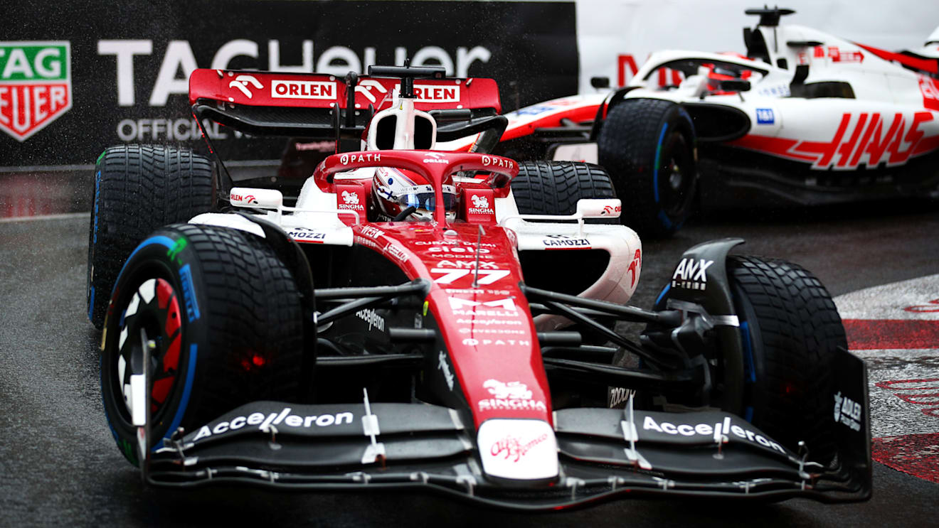 MONTE-CARLO, MONACO - MAY 29: Valtteri Bottas of Finland driving the (77) Alfa Romeo F1 C42 Ferrari leads Kevin Magnussen of Denmark driving the (20) Haas F1 VF-22 Ferrari during the F1 Grand Prix of Monaco at Circuit de Monaco on May 29, 2022 in Monte-Carlo, Monaco. (Photo by Eric Alonso/Getty Images)