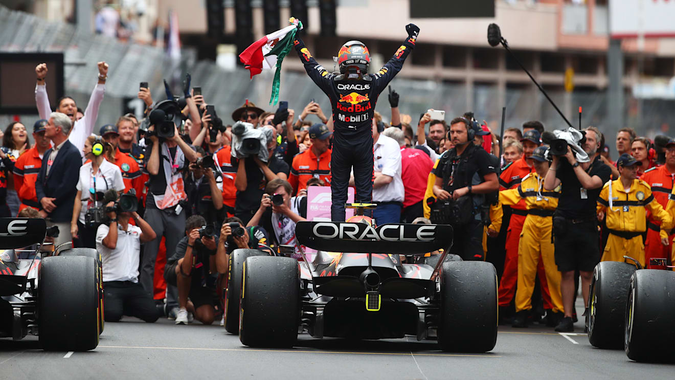 MONTE-CARLO, MONACO - MAY 29: Race winner Sergio Perez of Mexico and Oracle Red Bull Racing celebrates in parc ferme during the F1 Grand Prix of Monaco at Circuit de Monaco on May 29, 2022 in Monte-Carlo, Monaco. (Photo by Joe Portlock - Formula 1/Formula 1 via Getty Images)