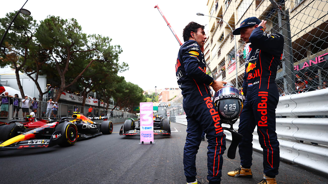 MONTE-CARLO, MONACO - MAY 29: Race winner Sergio Perez of Mexico and Oracle Red Bull Racing and Third placed Max Verstappen of the Netherlands and Oracle Red Bull Racing talk in parc ferme during the F1 Grand Prix of Monaco at Circuit de Monaco on May 29, 2022 in Monte-Carlo, Monaco. (Photo by Dan Istitene - Formula 1/Formula 1 via Getty Images)