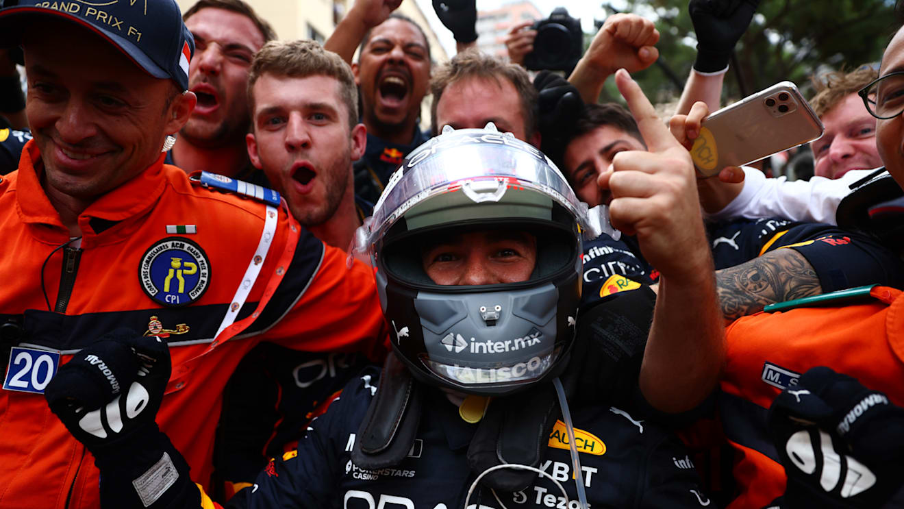 MONTE-CARLO, MONACO - MAY 29: Race winner Sergio Perez of Mexico and Oracle Red Bull Racing celebrates in parc ferme during the F1 Grand Prix of Monaco at Circuit de Monaco on May 29, 2022 in Monte-Carlo, Monaco. (Photo by Mark Thompson/Getty Images)
