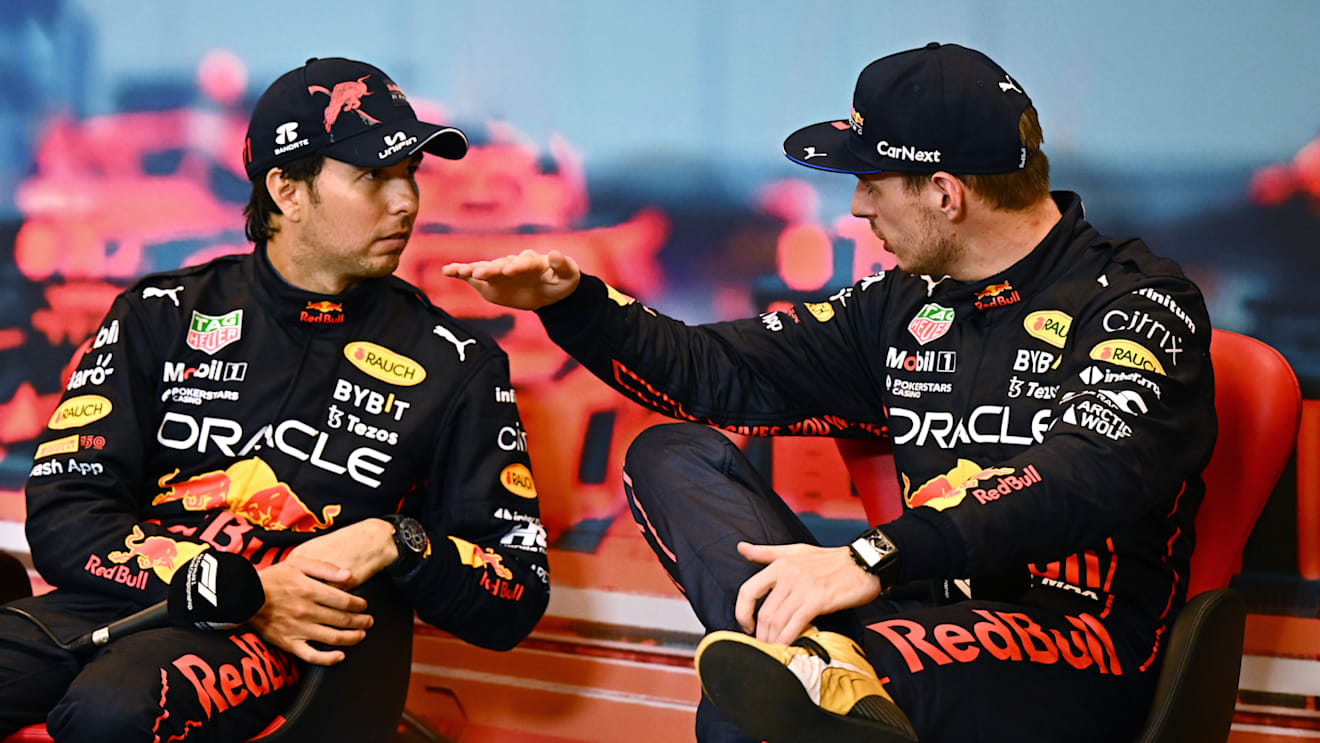 MONTE-CARLO, MONACO - MAY 29: Race winner Sergio Perez of Mexico and Oracle Red Bull Racing and Third placed Max Verstappen of the Netherlands and Oracle Red Bull Racing talk in the press conference after the F1 Grand Prix of Monaco at Circuit de Monaco on May 29, 2022 in Monte-Carlo, Monaco. (Photo by Clive Mason/Getty Images)