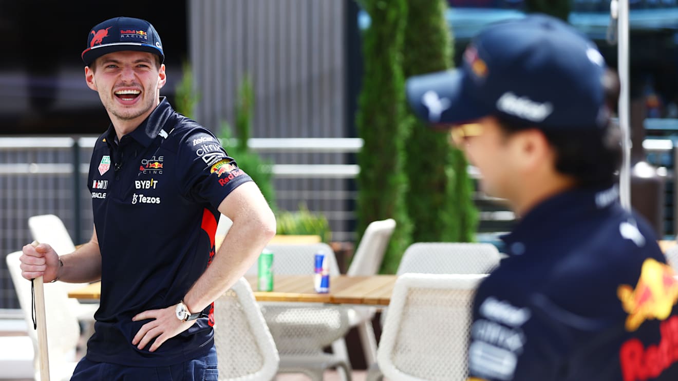MONTE-CARLO, MONACO - MAY 26: Max Verstappen of the Netherlands and Oracle Red Bull Racing and Sergio Perez of Mexico and Oracle Red Bull Racing play Hook-A-Duck on the Red Bull Racing Energy Station during previews ahead of the F1 Grand Prix of Monaco at Circuit de Monaco on May 26, 2022 in Monte-Carlo, Monaco. (Photo by Mark Thompson/Getty Images)