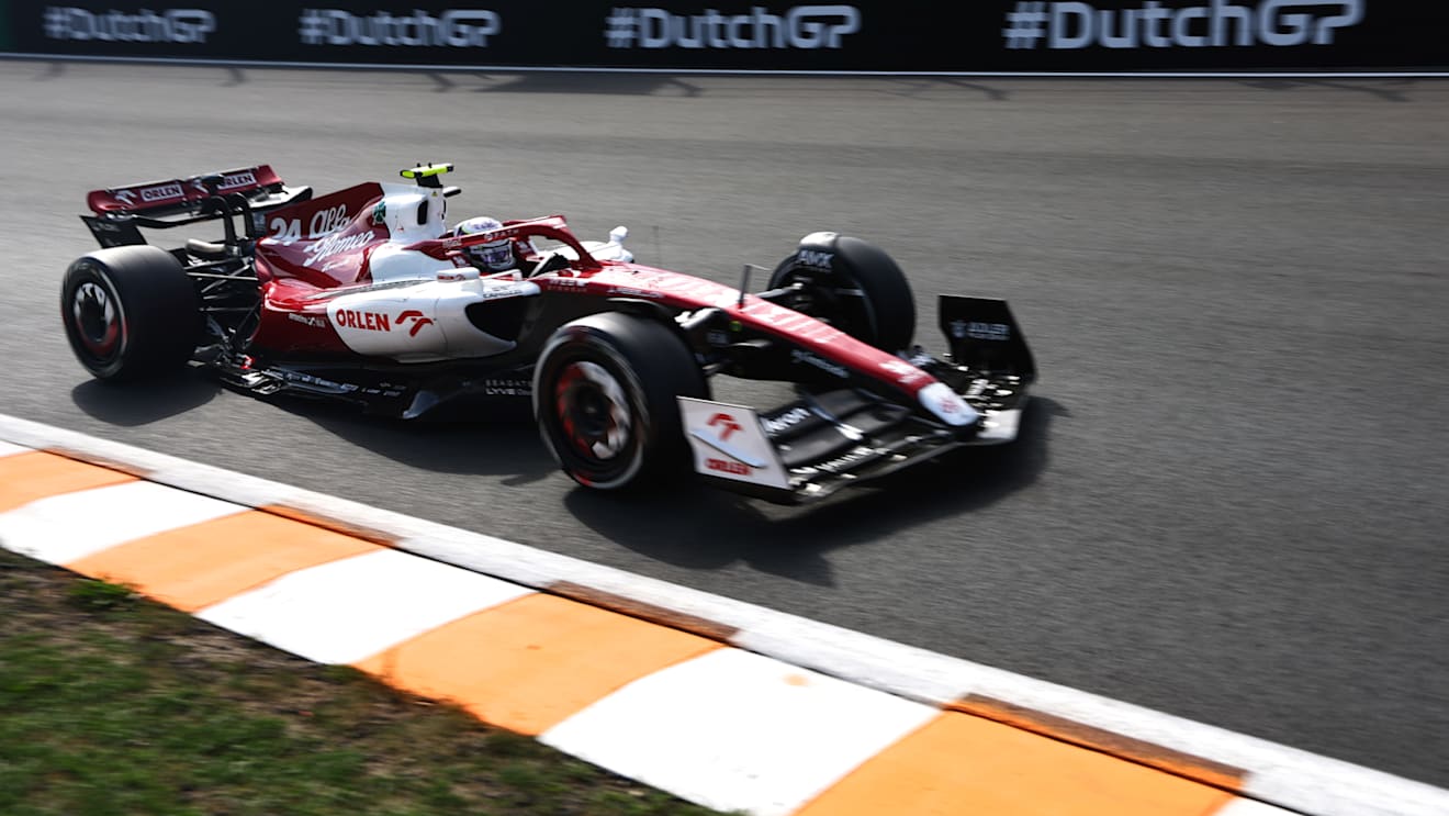 ZANDVOORT, NETHERLANDS - SEPTEMBER 02: Zhou Guanyu of China driving the (24) Alfa Romeo F1 C42 Ferrari on track during practice ahead of the F1 Grand Prix of The Netherlands at Circuit Zandvoort on September 02, 2022 in Zandvoort, Netherlands. (Photo by Lars Baron - Formula 1/Formula 1 via Getty Images)