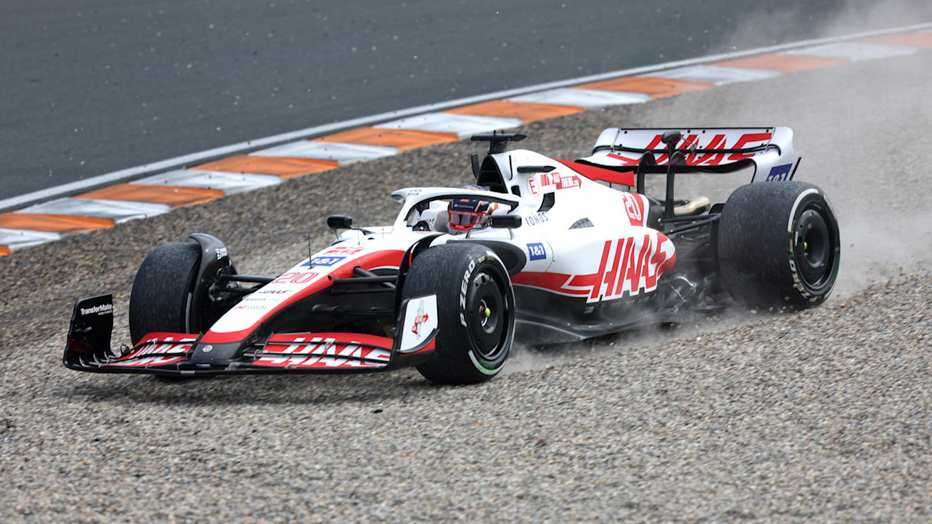 ZANDVOORT, NETHERLANDS - SEPTEMBER 02: Kevin Magnussen of Denmark driving the (20) Haas F1 VF-22 Ferrari runs wide during practice ahead of the F1 Grand Prix of The Netherlands at Circuit Zandvoort on September 02, 2022 in Zandvoort, Netherlands. (Photo by Alex Pantling - Formula 1/Formula 1 via Getty Images)