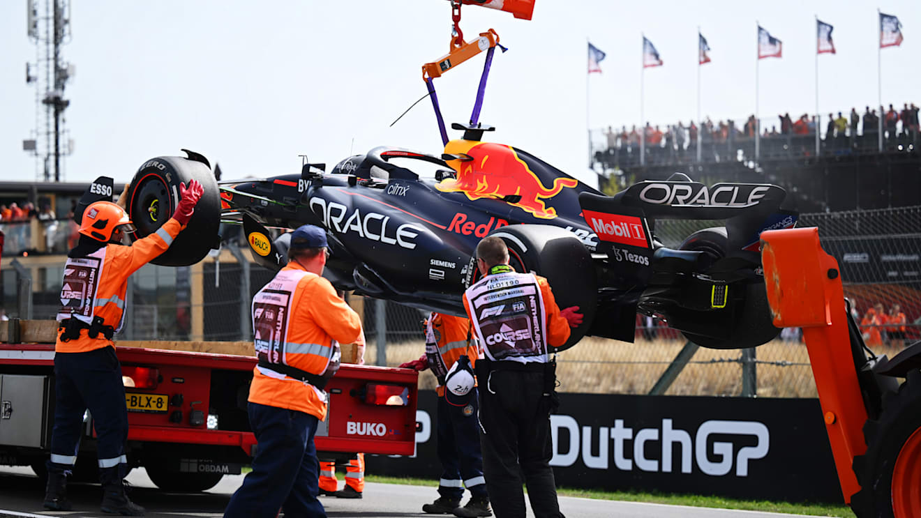ZANDVOORT, NETHERLANDS - SEPTEMBER 02: The car of Max Verstappen of the Netherlands and Oracle Red Bull Racing is removed from the track during practice ahead of the F1 Grand Prix of The Netherlands at Circuit Zandvoort on September 02, 2022 in Zandvoort, Netherlands. (Photo by Clive Mason/Getty Images)