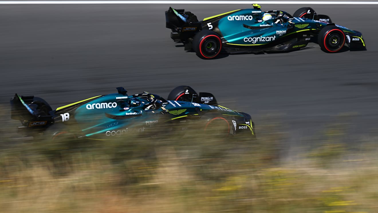ZANDVOORT, NETHERLANDS - SEPTEMBER 03: Sebastian Vettel of Germany driving the (5) Aston Martin AMR22 Mercedes and Lance Stroll of Canada driving the (18) Aston Martin AMR22 Mercedes on track during final practice ahead of the F1 Grand Prix of The Netherlands at Circuit Zandvoort on September 03, 2022 in Zandvoort, Netherlands. (Photo by Clive Mason/Getty Images)