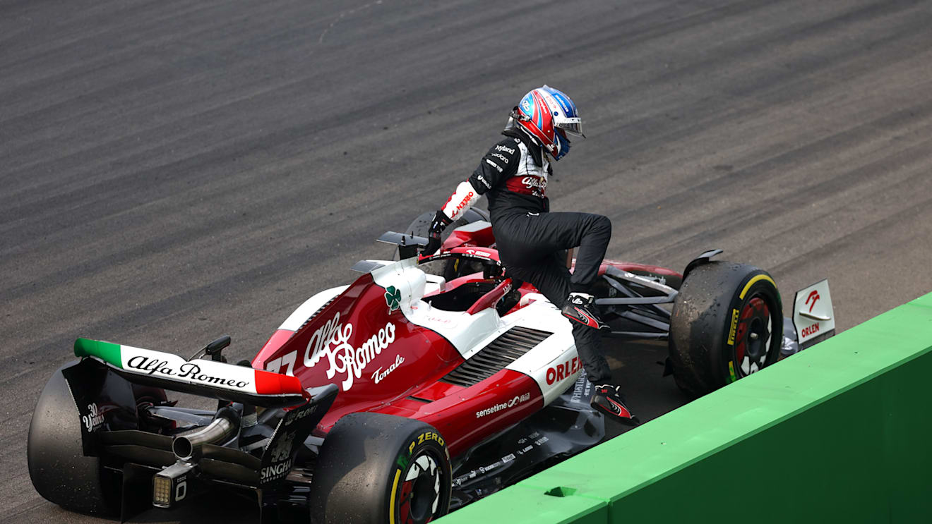 ZANDVOORT, NETHERLANDS - SEPTEMBER 04: Valtteri Bottas of Finland and Alfa Romeo F1 climbs out of their car after stopping on track during the F1 Grand Prix of The Netherlands at Circuit Zandvoort on September 04, 2022 in Zandvoort, Netherlands. (Photo by Lars Baron - Formula 1/Formula 1 via Getty Images)