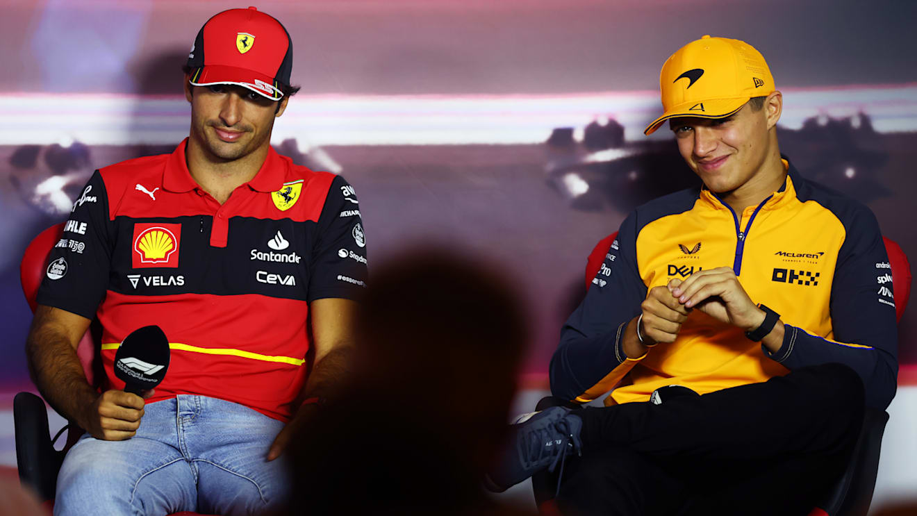 ZANDVOORT, NETHERLANDS - SEPTEMBER 01: Carlos Sainz of Spain and Ferrari and Lando Norris of Great Britain and McLaren attend the Drivers Press Conference during previews ahead of the F1 Grand Prix of The Netherlands at Circuit Zandvoort on September 01, 2022 in Zandvoort, Netherlands. (Photo by Lars Baron/Getty Images)
