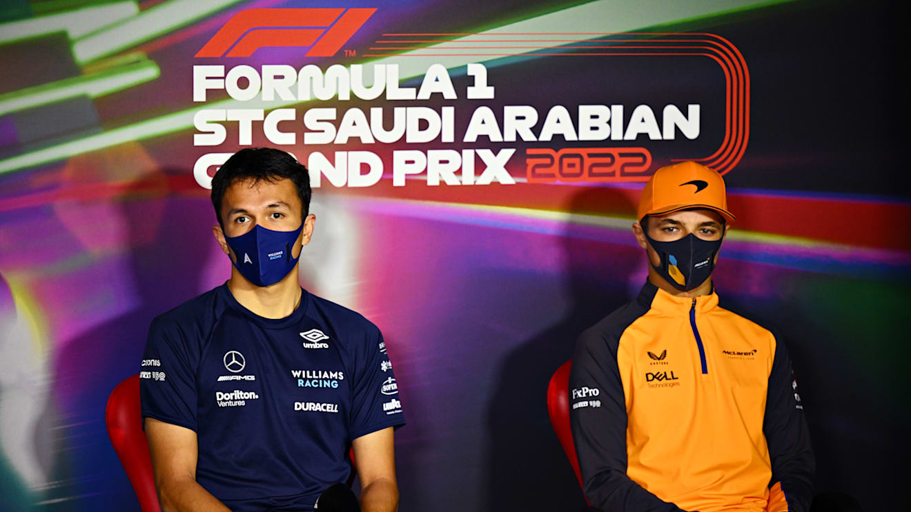 JEDDAH, SAUDI ARABIA - MARCH 25: Alexander Albon of Thailand and Williams and Lando Norris of Great Britain and McLaren attend the Drivers Press Conference before practice ahead of the F1 Grand Prix of Saudi Arabia at the Jeddah Corniche Circuit on March 25, 2022 in Jeddah, Saudi Arabia. (Photo by Clive Mason/Getty Images)