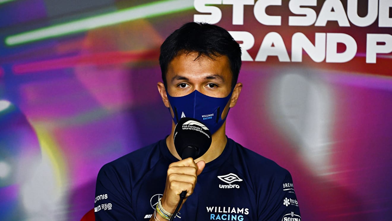 JEDDAH, SAUDI ARABIA - MARCH 25: Alexander Albon of Thailand and Williams talks in the Drivers Press Conference before practice ahead of the F1 Grand Prix of Saudi Arabia at the Jeddah Corniche Circuit on March 25, 2022 in Jeddah, Saudi Arabia. (Photo by Clive Mason/Getty Images)