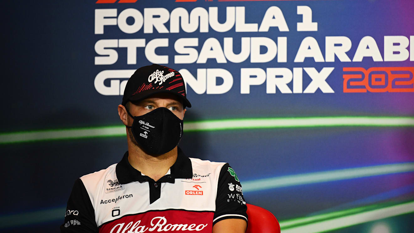 JEDDAH, SAUDI ARABIA - MARCH 25: Valtteri Bottas of Finland and Alfa Romeo F1 looks on in the Drivers Press Conference before practice ahead of the F1 Grand Prix of Saudi Arabia at the Jeddah Corniche Circuit on March 25, 2022 in Jeddah, Saudi Arabia. (Photo by Clive Mason/Getty Images)
