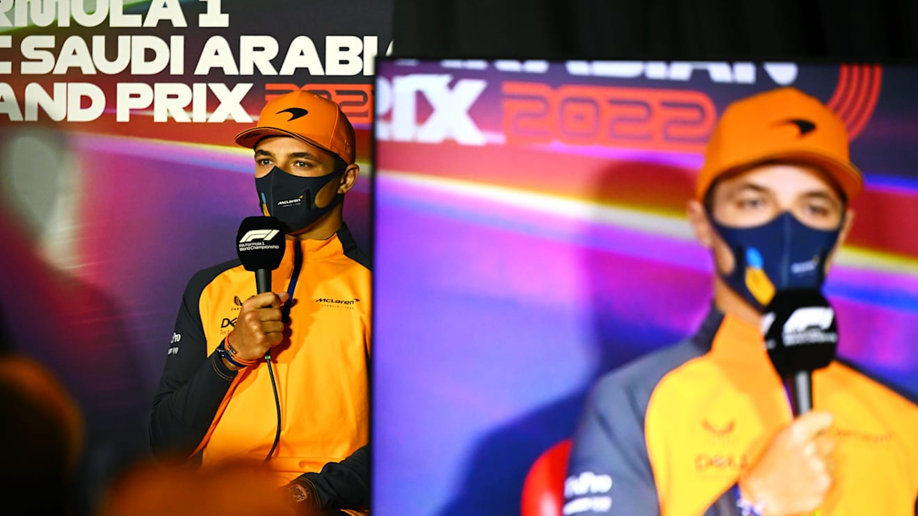 JEDDAH, SAUDI ARABIA - MARCH 25: Lando Norris of Great Britain and McLaren talks in the Drivers Press Conference before practice ahead of the F1 Grand Prix of Saudi Arabia at the Jeddah Corniche Circuit on March 25, 2022 in Jeddah, Saudi Arabia. (Photo by Clive Mason/Getty Images)