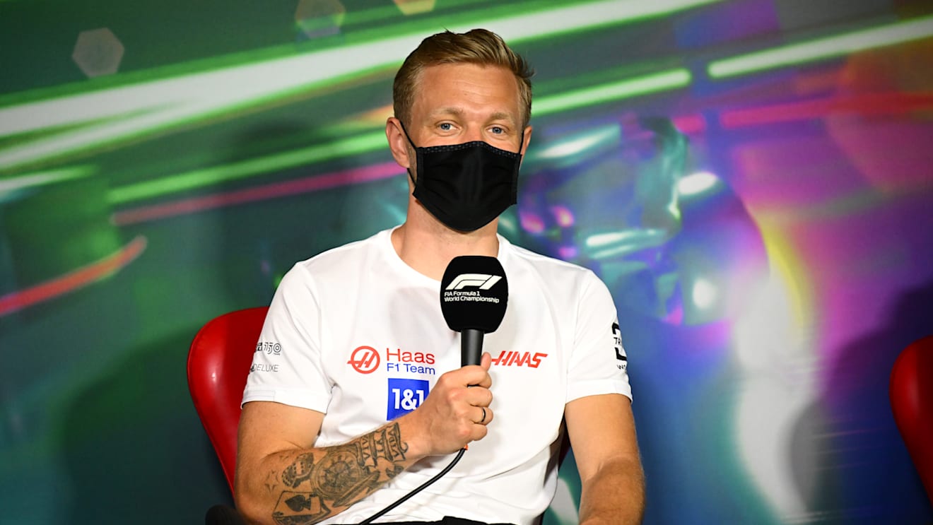 JEDDAH, SAUDI ARABIA - MARCH 25: Kevin Magnussen of Denmark and Haas F1 talks in the Drivers Press Conference before practice ahead of the F1 Grand Prix of Saudi Arabia at the Jeddah Corniche Circuit on March 25, 2022 in Jeddah, Saudi Arabia. (Photo by Clive Mason/Getty Images)