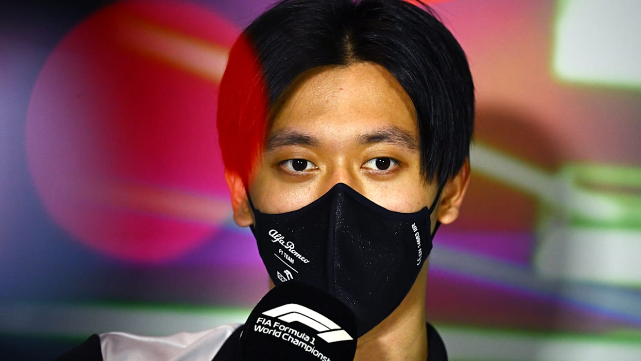 JEDDAH, SAUDI ARABIA - MARCH 25: Zhou Guanyu of China and Alfa Romeo F1 talks in the Drivers Press Conference before practice ahead of the F1 Grand Prix of Saudi Arabia at the Jeddah Corniche Circuit on March 25, 2022 in Jeddah, Saudi Arabia. (Photo by Clive Mason/Getty Images)