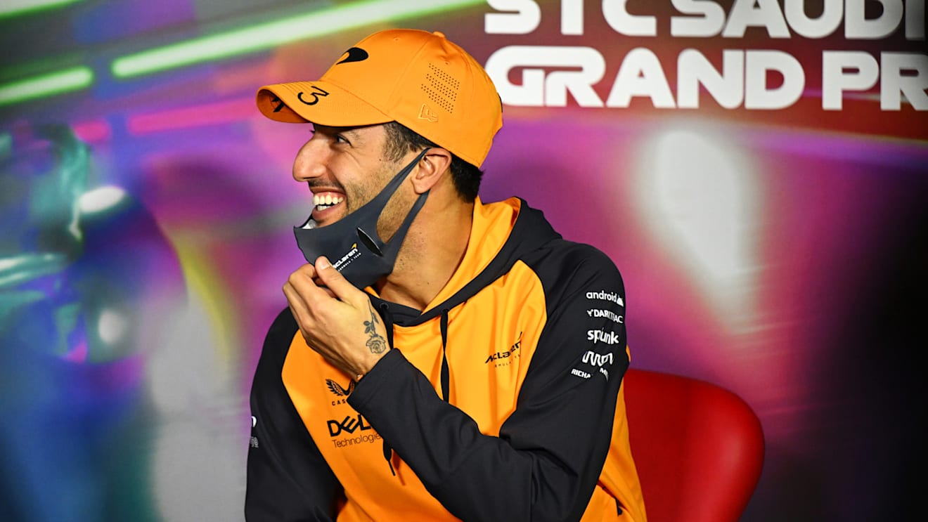 JEDDAH, SAUDI ARABIA - MARCH 25: Daniel Ricciardo of Australia and McLaren looks on in the Drivers Press Conference before practice ahead of the F1 Grand Prix of Saudi Arabia at the Jeddah Corniche Circuit on March 25, 2022 in Jeddah, Saudi Arabia. (Photo by Clive Mason/Getty Images)