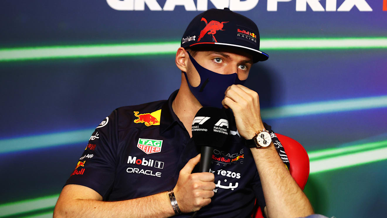 JEDDAH, SAUDI ARABIA - MARCH 25: Max Verstappen of the Netherlands and Oracle Red Bull Racing talks in the Drivers Press Conference before practice ahead of the F1 Grand Prix of Saudi Arabia at the Jeddah Corniche Circuit on March 25, 2022 in Jeddah, Saudi Arabia. (Photo by Dan Istitene - Formula 1/Formula 1 via Getty Images)