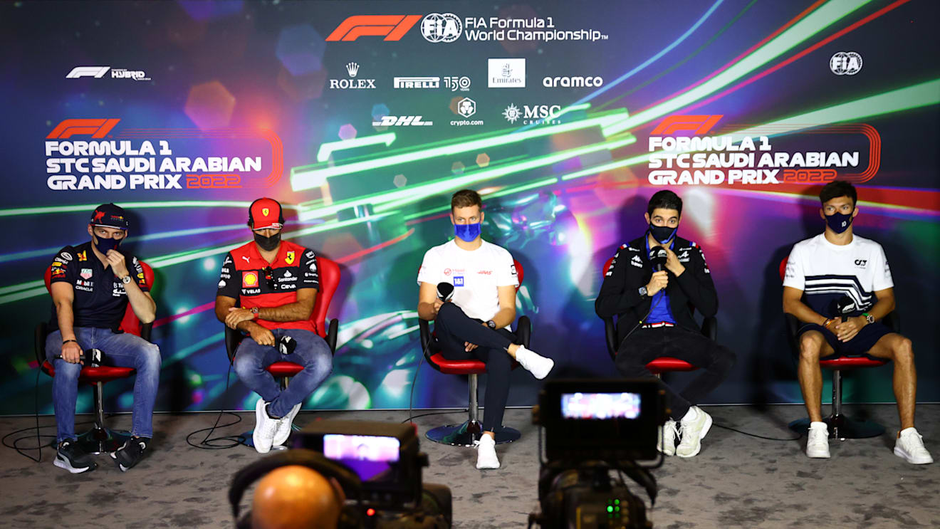 JEDDAH, SAUDI ARABIA - MARCH 25: (L-R) Max Verstappen of the Netherlands and Oracle Red Bull Racing, Carlos Sainz of Spain and Ferrari, Mick Schumacher of Germany and Haas F1, Esteban Ocon of France and Alpine F1 and Pierre Gasly of France and Scuderia AlphaTauri attend the Drivers Press Conference before practice ahead of the F1 Grand Prix of Saudi Arabia at the Jeddah Corniche Circuit on March 25, 2022 in Jeddah, Saudi Arabia. (Photo by Dan Istitene - Formula 1/Formula 1 via Getty Images)