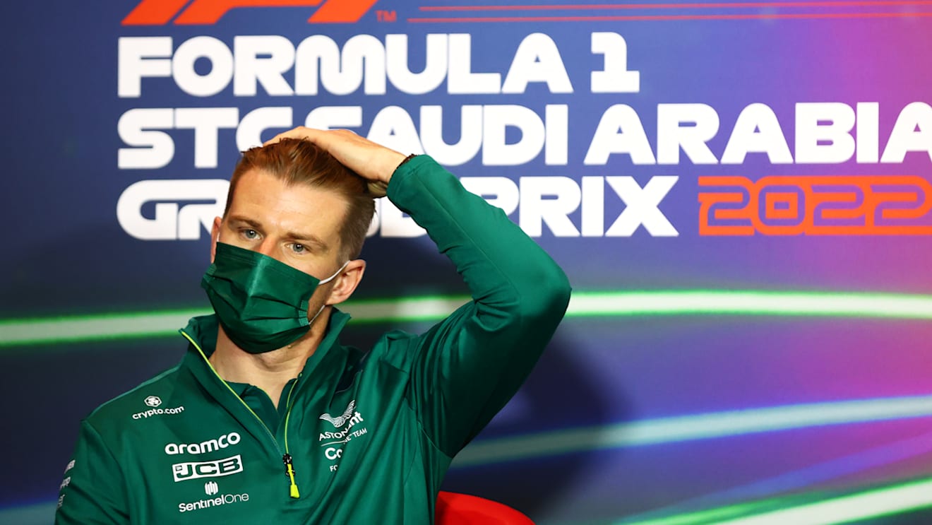 JEDDAH, SAUDI ARABIA - MARCH 25: Nico Hulkenberg of Germany and Aston Martin F1 Team looks on in the Drivers Press Conference before practice ahead of the F1 Grand Prix of Saudi Arabia at the Jeddah Corniche Circuit on March 25, 2022 in Jeddah, Saudi Arabia. (Photo by Dan Istitene - Formula 1/Formula 1 via Getty Images)