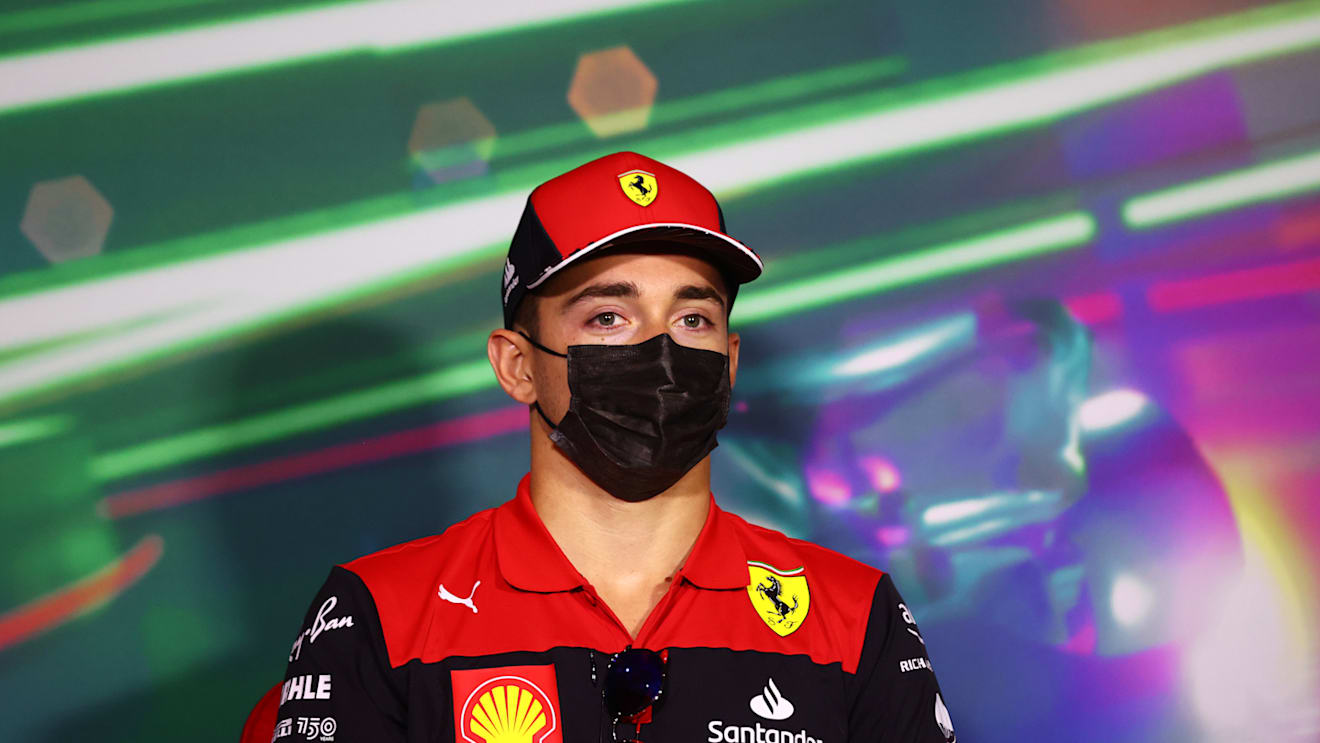 JEDDAH, SAUDI ARABIA - MARCH 25: Charles Leclerc of Monaco and Ferrari looks on in the Drivers Press Conference before practice ahead of the F1 Grand Prix of Saudi Arabia at the Jeddah Corniche Circuit on March 25, 2022 in Jeddah, Saudi Arabia. (Photo by Dan Istitene - Formula 1/Formula 1 via Getty Images)