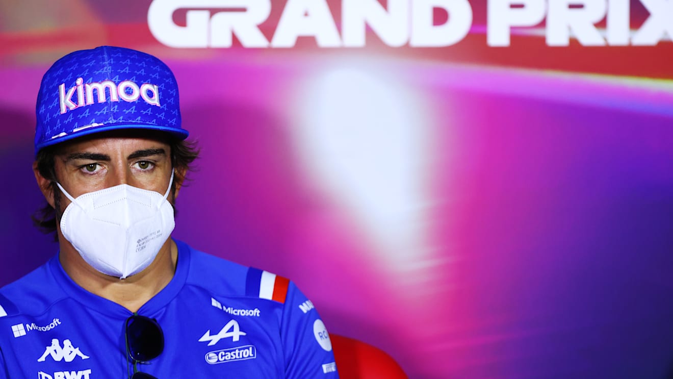 JEDDAH, SAUDI ARABIA - MARCH 25: Fernando Alonso of Spain and Alpine F1 looks on in the Drivers Press Conference before practice ahead of the F1 Grand Prix of Saudi Arabia at the Jeddah Corniche Circuit on March 25, 2022 in Jeddah, Saudi Arabia. (Photo by Dan Istitene - Formula 1/Formula 1 via Getty Images)