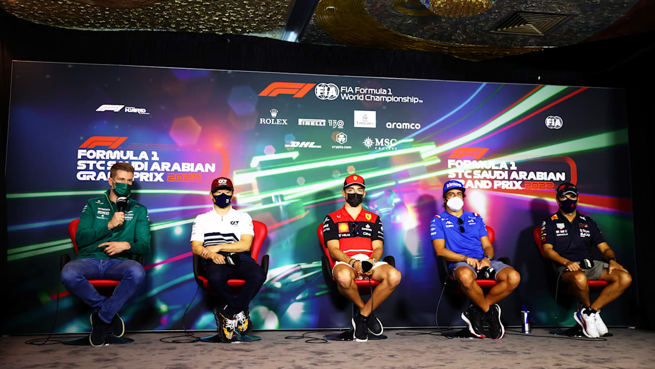 JEDDAH, SAUDI ARABIA - MARCH 25: (L-R) Nico Hulkenberg of Germany and Aston Martin F1 Team, Yuki Tsunoda of Japan and Scuderia AlphaTauri, Charles Leclerc of Monaco and Ferrari, Fernando Alonso of Spain and Alpine F1 and Sergio Perez of Mexico and Oracle Red Bull Racing attend the Drivers Press Conference before practice ahead of the F1 Grand Prix of Saudi Arabia at the Jeddah Corniche Circuit on March 25, 2022 in Jeddah, Saudi Arabia. (Photo by Dan Istitene - Formula 1/Formula 1 via Getty Images)