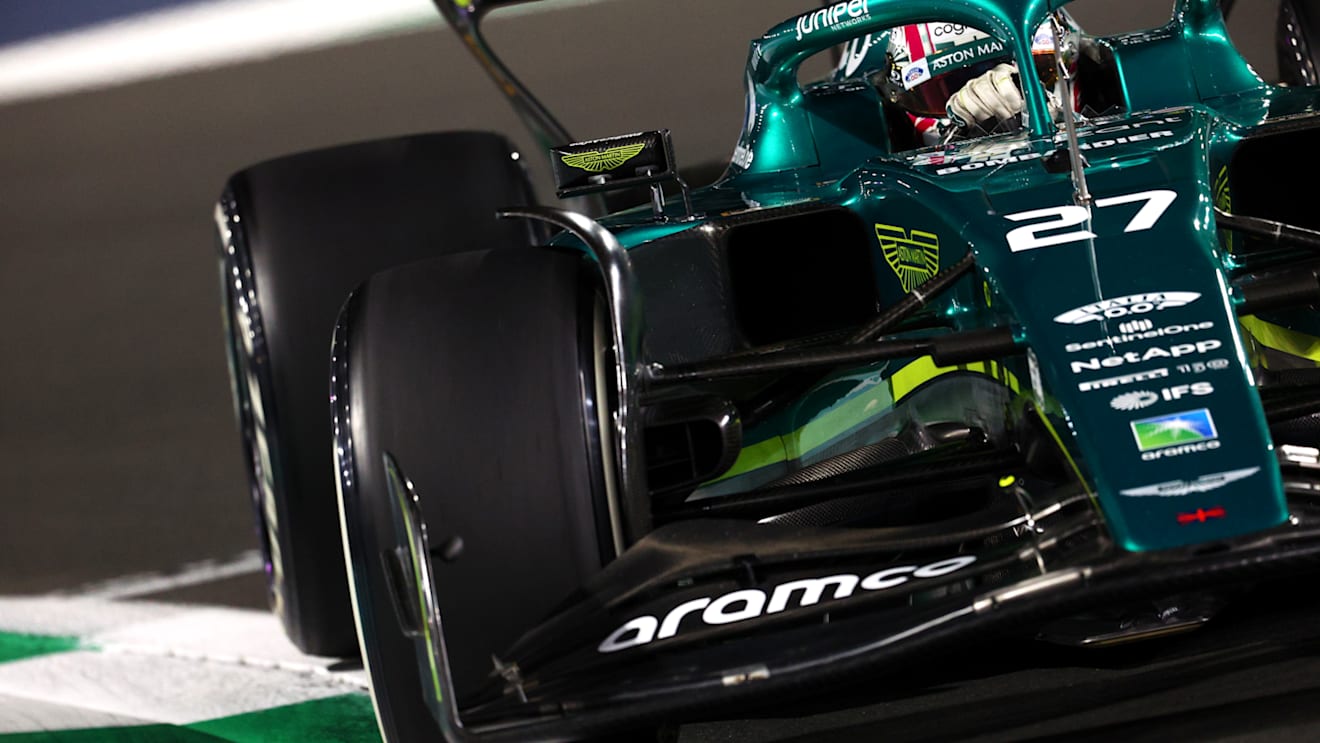 JEDDAH, SAUDI ARABIA - MARCH 25: Nico Hulkenberg of Germany driving the (27) Aston Martin AMR22 Mercedes on track during practice ahead of the F1 Grand Prix of Saudi Arabia at the Jeddah Corniche Circuit on March 25, 2022 in Jeddah, Saudi Arabia. (Photo by Clive Rose - Formula 1/Formula 1 via Getty Images)