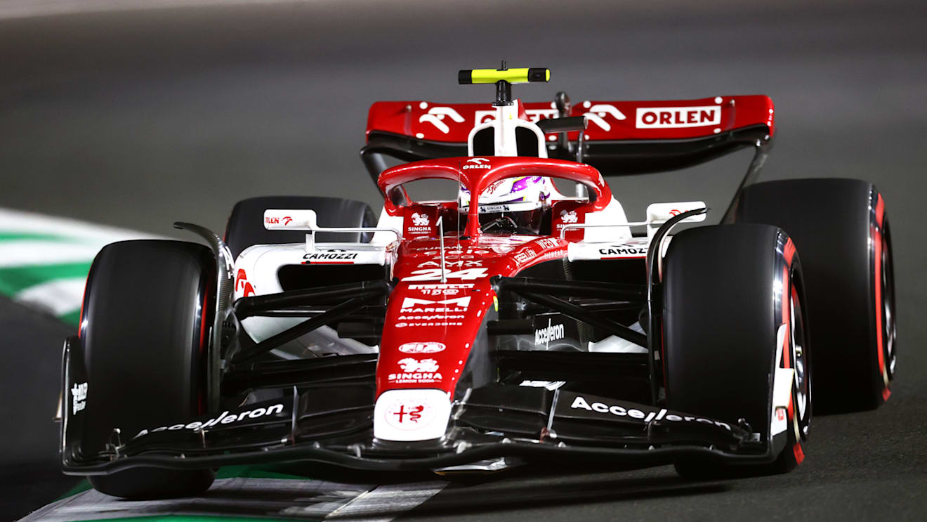 JEDDAH, SAUDI ARABIA - MARCH 26: Zhou Guanyu of China driving the (24) Alfa Romeo F1 C42 Ferrari on track during qualifying ahead of the F1 Grand Prix of Saudi Arabia at the Jeddah Corniche Circuit on March 26, 2022 in Jeddah, Saudi Arabia. (Photo by Dan Istitene - Formula 1/Formula 1 via Getty Images)