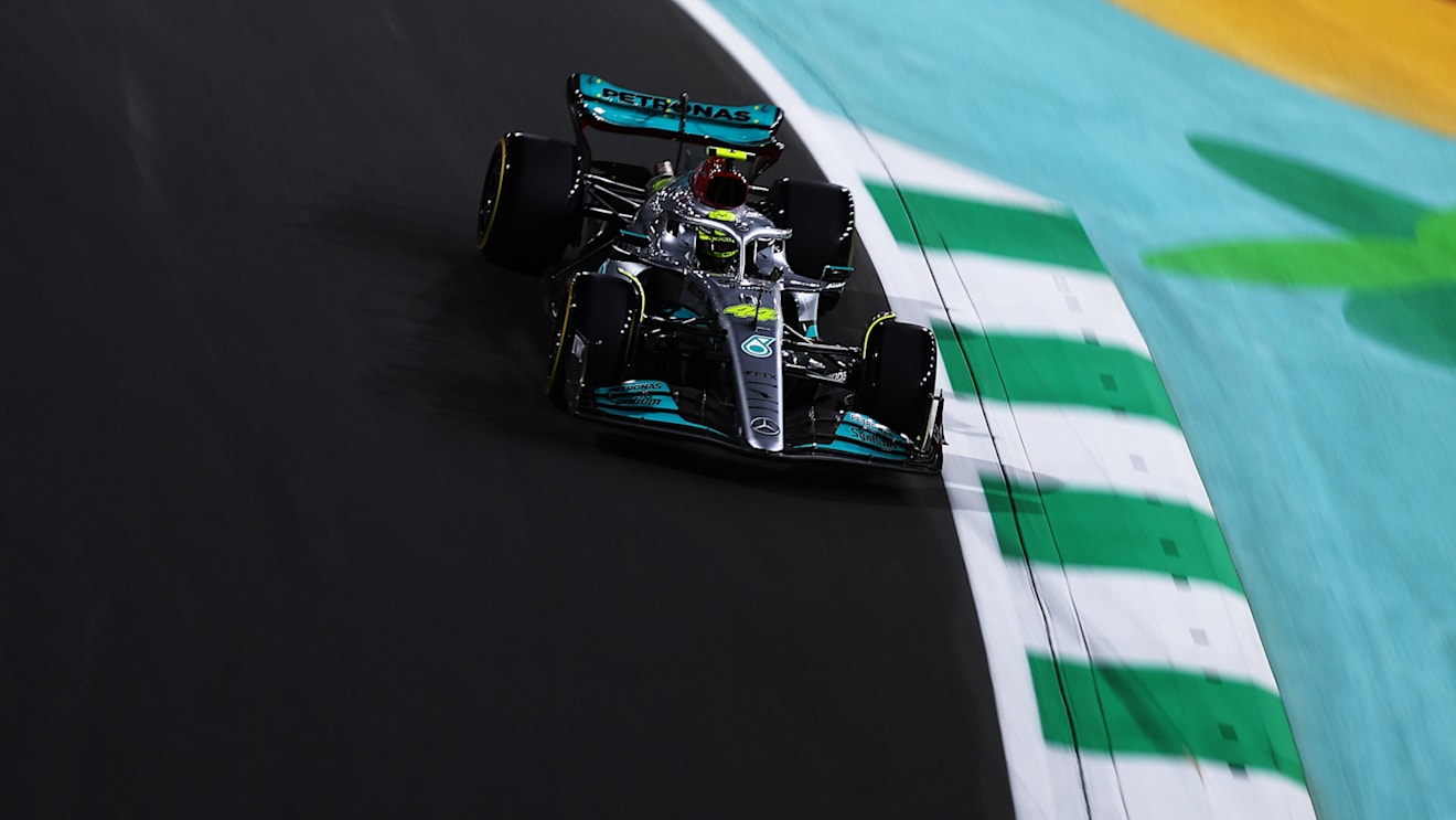 JEDDAH, SAUDI ARABIA - MARCH 26: Lewis Hamilton of Great Britain driving the (44) Mercedes AMG Petronas F1 Team W13 on track during qualifying ahead of the F1 Grand Prix of Saudi Arabia at the Jeddah Corniche Circuit on March 26, 2022 in Jeddah, Saudi Arabia. (Photo by Lars Baron/Getty Images)