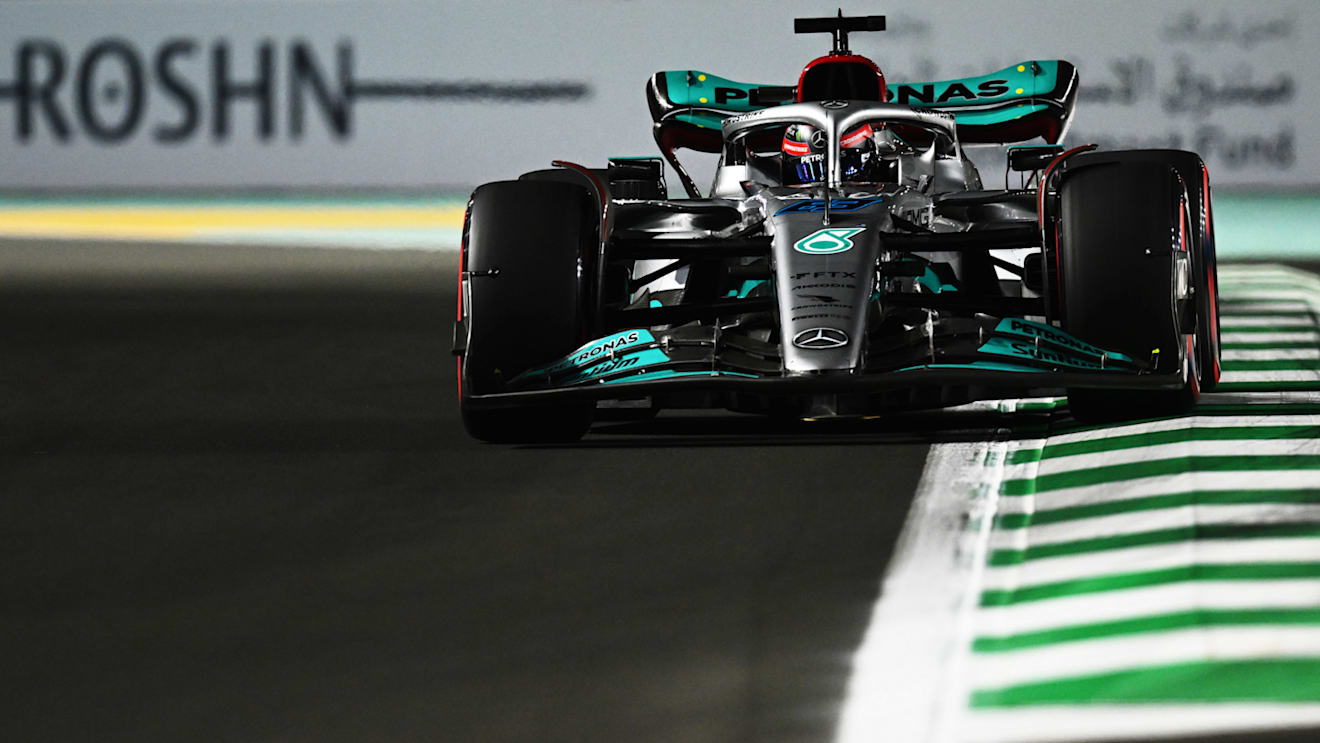 JEDDAH, SAUDI ARABIA - MARCH 26: George Russell of Great Britain driving the (63) Mercedes AMG Petronas F1 Team W13 on track during qualifying ahead of the F1 Grand Prix of Saudi Arabia at the Jeddah Corniche Circuit on March 26, 2022 in Jeddah, Saudi Arabia. (Photo by Clive Mason/Getty Images)