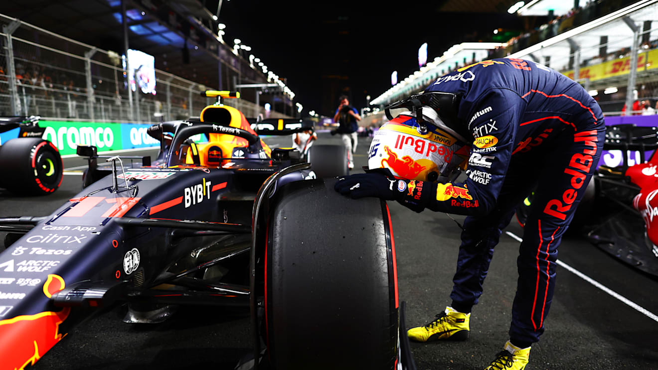 JEDDAH, SAUDI ARABIA - MARCH 26: Pole position qualifier Sergio Perez of Mexico and Oracle Red Bull Racing celebrates in parc ferme during qualifying ahead of the F1 Grand Prix of Saudi Arabia at the Jeddah Corniche Circuit on March 26, 2022 in Jeddah, Saudi Arabia. (Photo by Mark Thompson/Getty Images)