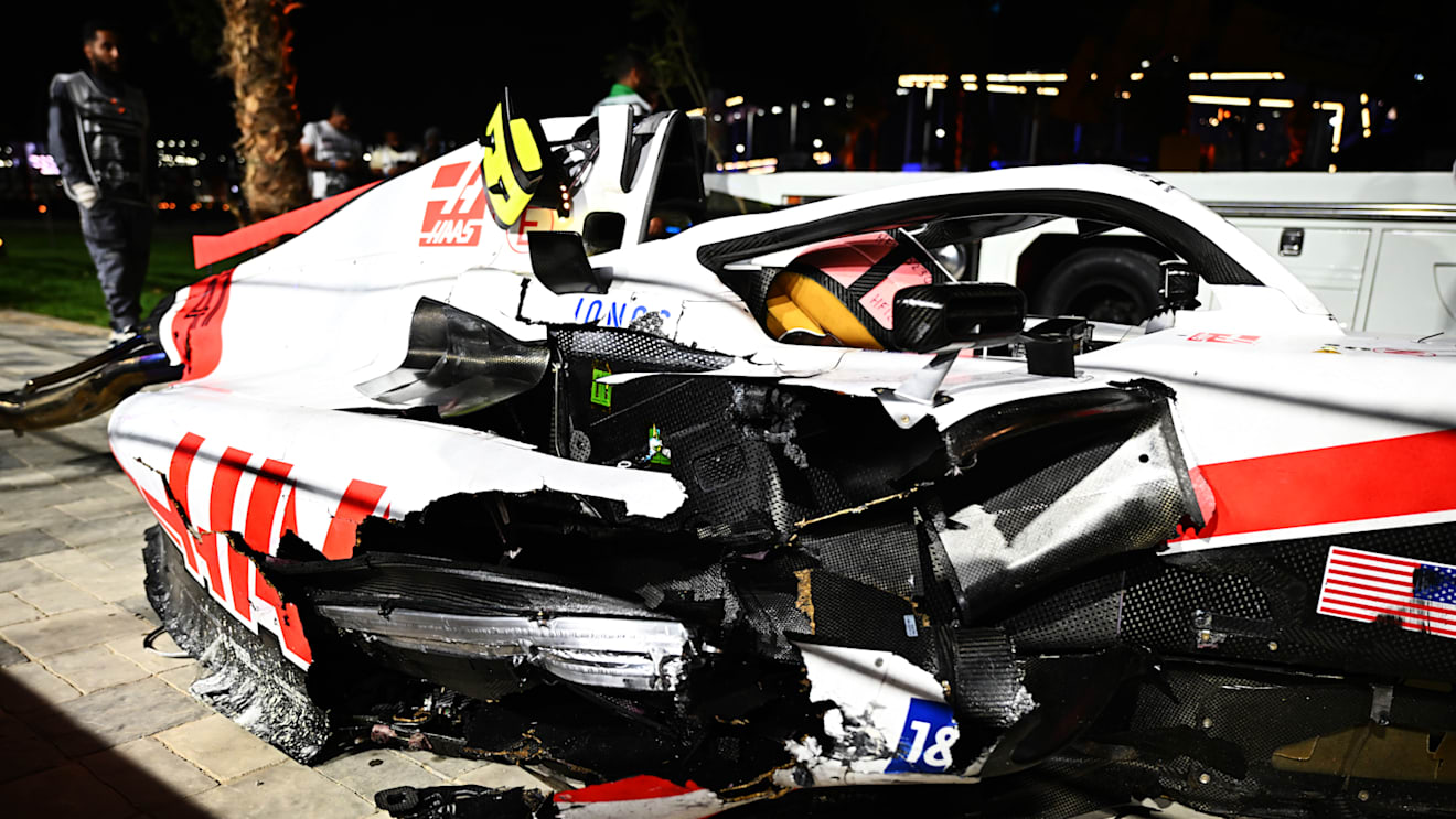 JEDDAH, SAUDI ARABIA - MARCH 26: The wrecked car of Mick Schumacher of Germany and Haas F1 is pictured at the side of the track after a crash during qualifying ahead of the F1 Grand Prix of Saudi Arabia at the Jeddah Corniche Circuit on March 26, 2022 in Jeddah, Saudi Arabia. (Photo by Clive Mason/Getty Images)