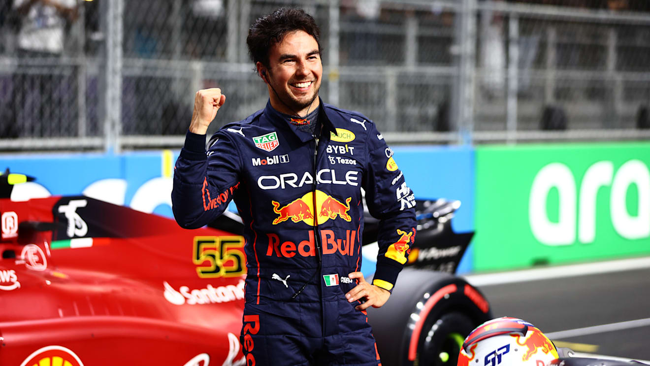 JEDDAH, SAUDI ARABIA - MARCH 26: Pole position qualifier Sergio Perez of Mexico and Oracle Red Bull Racing celebrates in parc ferme during qualifying ahead of the F1 Grand Prix of Saudi Arabia at the Jeddah Corniche Circuit on March 26, 2022 in Jeddah, Saudi Arabia. (Photo by Mark Thompson/Getty Images)