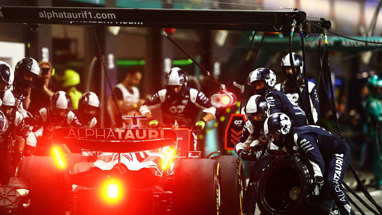 JEDDAH, SAUDI ARABIA - MARCH 27: Pierre Gasly of France driving the (10) Scuderia AlphaTauri AT03 makes a pitstop during the F1 Grand Prix of Saudi Arabia at the Jeddah Corniche Circuit on March 27, 2022 in Jeddah, Saudi Arabia. (Photo by Mark Thompson/Getty Images)