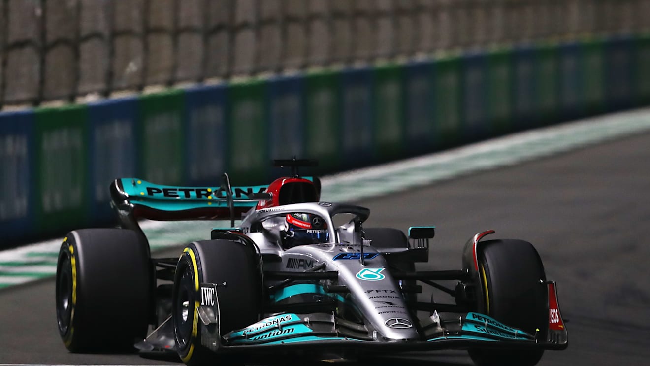 JEDDAH, SAUDI ARABIA - MARCH 27: George Russell of Great Britain driving the (63) Mercedes AMG Petronas F1 Team W13 on track during the F1 Grand Prix of Saudi Arabia at the Jeddah Corniche Circuit on March 27, 2022 in Jeddah, Saudi Arabia. (Photo by Joe Portlock - Formula 1/Formula 1 via Getty Images)