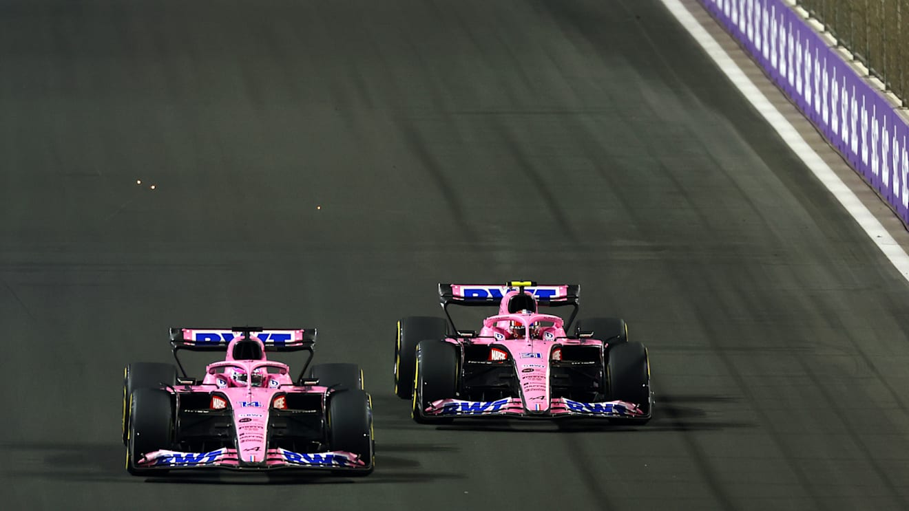 JEDDAH, SAUDI ARABIA - MARCH 27: Fernando Alonso of Spain driving the (14) Alpine F1 A522 Renault leads Esteban Ocon of France driving the (31) Alpine F1 A522 Renault during the F1 Grand Prix of Saudi Arabia at the Jeddah Corniche Circuit on March 27, 2022 in Jeddah, Saudi Arabia. (Photo by Lars Baron/Getty Images)