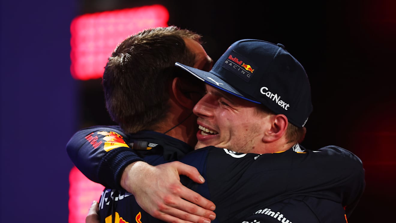 JEDDAH, SAUDI ARABIA - MARCH 27: Race winner Max Verstappen of the Netherlands and Oracle Red Bull Racing celebrates in parc ferme during the F1 Grand Prix of Saudi Arabia at the Jeddah Corniche Circuit on March 27, 2022 in Jeddah, Saudi Arabia. (Photo by Lars Baron/Getty Images)