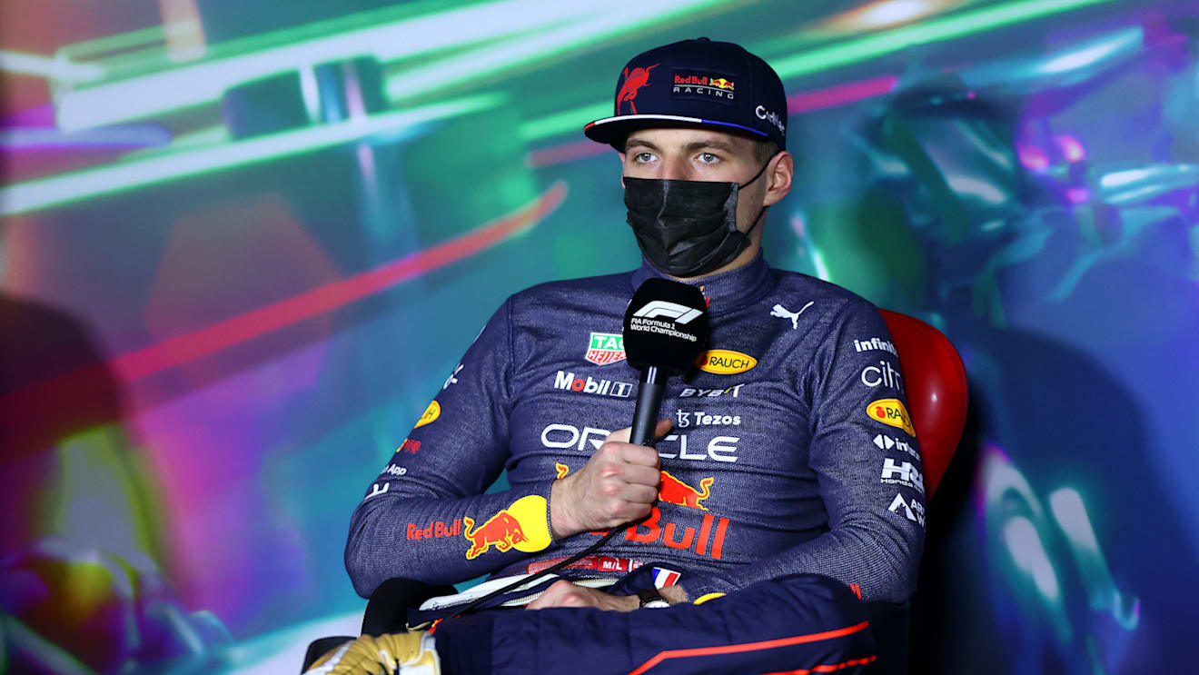 JEDDAH, SAUDI ARABIA - MARCH 27: Race winner Max Verstappen of the Netherlands and Oracle Red Bull Racing talks in the press conference after the F1 Grand Prix of Saudi Arabia at the Jeddah Corniche Circuit on March 27, 2022 in Jeddah, Saudi Arabia. (Photo by Dan Istitene/Getty Images)