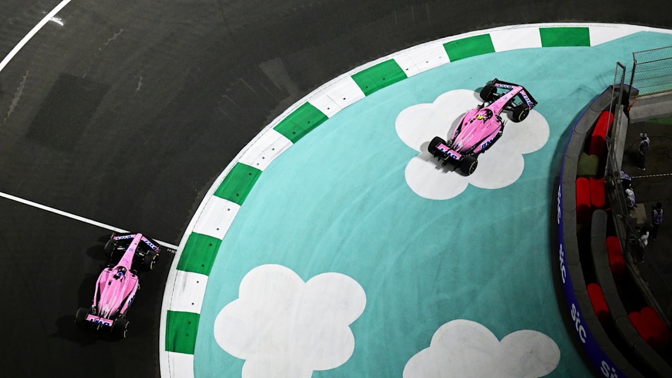 JEDDAH, SAUDI ARABIA - MARCH 27: Esteban Ocon of France driving the (31) Alpine F1 A522 Renault runs wide ahead of Fernando Alonso of Spain driving the (14) Alpine F1 A522 Renault during the F1 Grand Prix of Saudi Arabia at the Jeddah Corniche Circuit on March 27, 2022 in Jeddah, Saudi Arabia. (Photo by Clive Mason/Getty Images)
