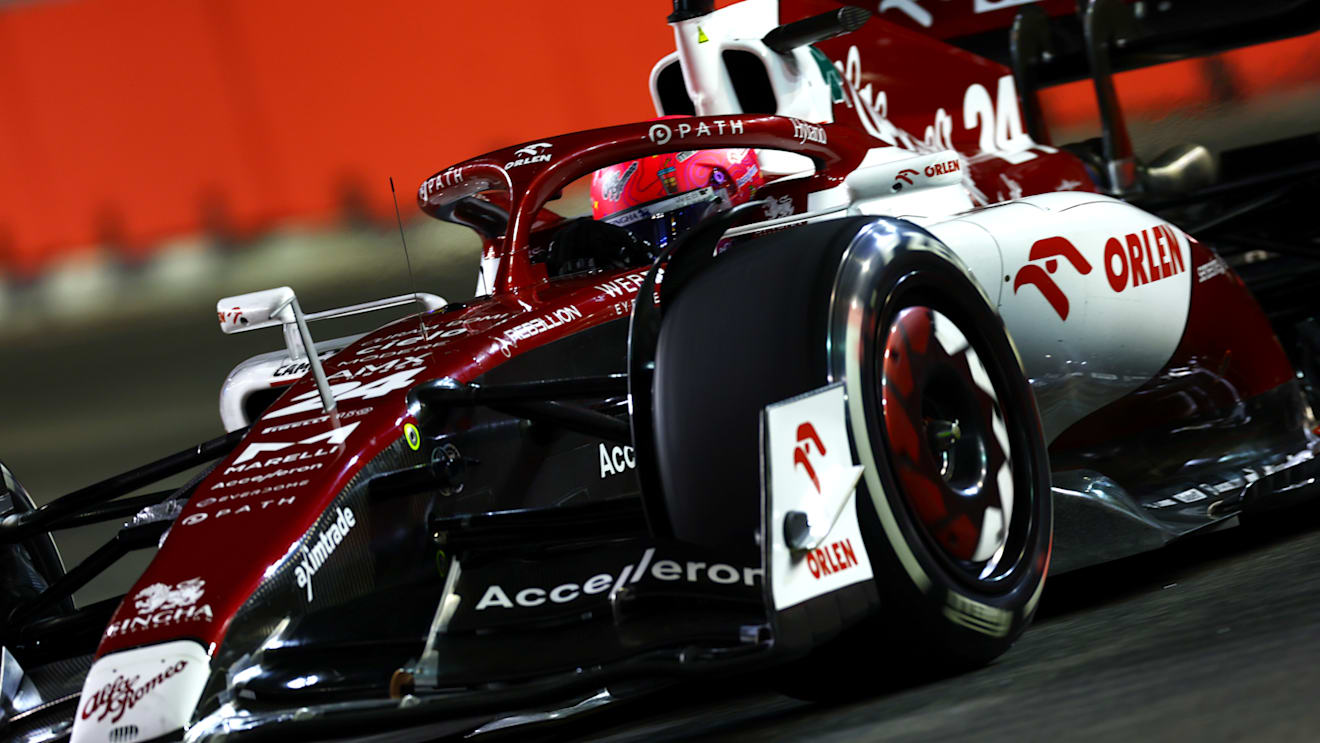 SINGAPORE, SINGAPORE - SEPTEMBER 30: Zhou Guanyu of China driving the (24) Alfa Romeo F1 C42 Ferrari on track during practice ahead of the F1 Grand Prix of Singapore at Marina Bay Street Circuit on September 30, 2022 in Singapore, Singapore. (Photo by Mark Thompson/Getty Images,)